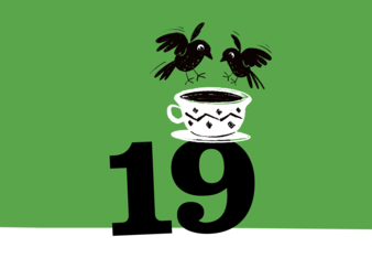 Foto vom Tee Adventkalender Türchen Nummer 19. Auf dem grünem Türchen ist eine Tasse Tee und zwei Vögel zu sehen. | © SONNENTOR