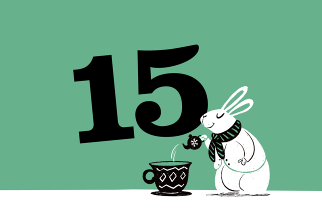 Foto vom Tee Adventkalender Türchen Nummer 15. Auf dem grünem Türchen ist ein Hase beim Tee einschenken zu sehen. | © SONNENTOR