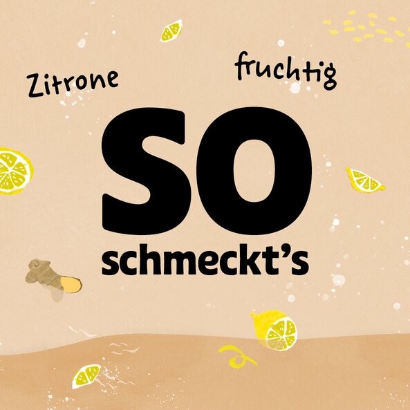Text “That's how it tastes: lemon, fruity” with lemon illustrations