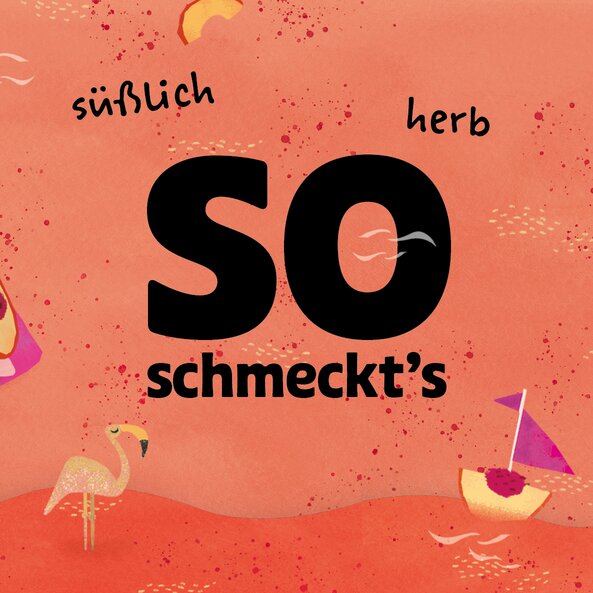 Text "That is how it tastes: sweet, slightly tart" with peach illustrations