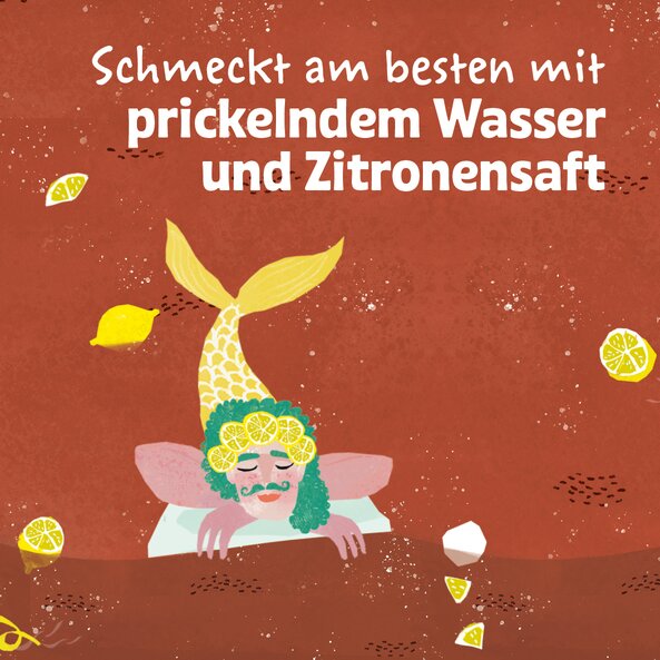 Illustration with character and text “tastes best with sparkling water and lemon juice”