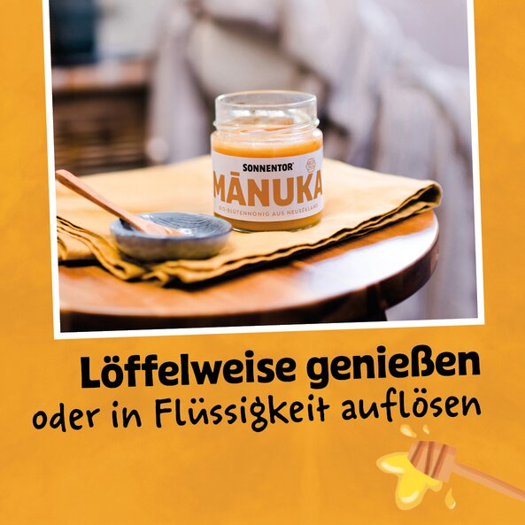 Illustration featuring SONNENTOR MÁNUKA organic blossom honey from New Zealand in a jar with a silver lid and the words: ‘Enjoy by the spoonful or dissolve in liquid’ on an orange background.