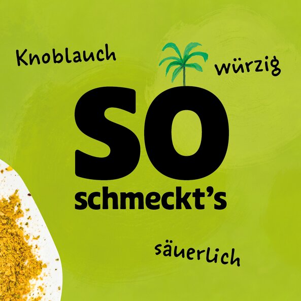 Illustration of Easy Goreng spice loose on a light green background with the words: ‘This is how it tastes: garlic, spicy, sour’.