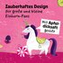 An illustration of a unicorn accompanied by the text: ‘Enchanting design for unicorn fans of all ages, sweetened with apple syrup’ on a berry-coloured background.