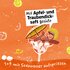An illustration showing a woman basking in a cocktail glass filled with ice cubes, alongside oranges and lemons, with the text ‘sweetened with apple and grape syrup and mixed 1:9 with soda water’ on an orange background.