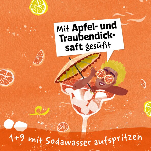 An illustration showing a woman basking in a cocktail glass filled with ice cubes, alongside oranges and lemons, with the text ‘sweetened with apple and grape syrup and mixed 1:9 with soda water’ on an orange background.