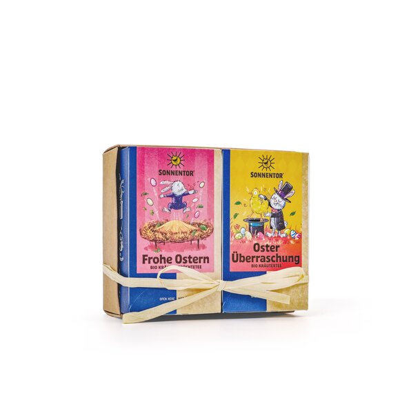 Geschenkpakung mit Frohe Ostern Tee und Osterüberraschung Tee mit Masche zusammengebunden.