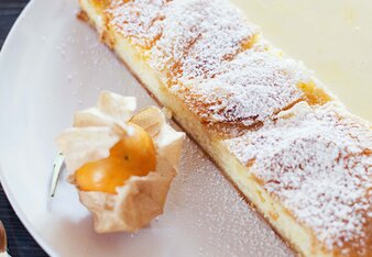 Auf dem Foto ist ein Joghurt-Topfen-Strudel zu sehen. Daneben ist Vanillesauce auf dem Teller zu sehen. Der Strudel ist mit Staubzucker bestäubt. | © SONNENTOR