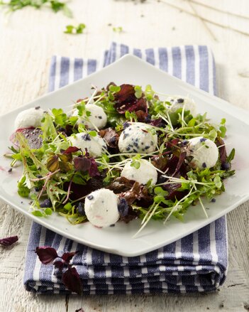 Auf dem Foto sieht man Ziegenfrischkäse Bällchen auf Salat, Sprossen und Rote Rüben. Darüber ist feiner Lavendel gestreut. | © SONNENTOR