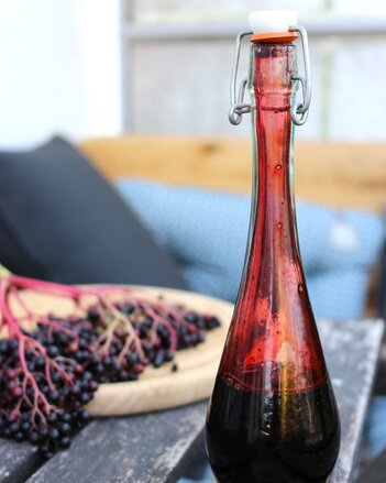 Auf dem Foto sieht man eine Flasche mit Hollerbalsamico. Daneben sieht man frische Holunderbeeren.  | © SONNENTOR