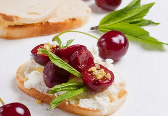 Auf dem Foto sind Bruschetta zu sehen. Darauf sieht man Gorgonzola und Weichseln. Daneben sind ebenfalls Weichseln zu sehen. | © SONNENTOR