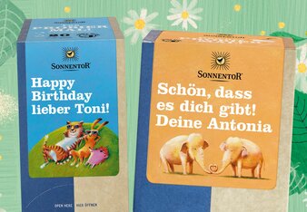 Hier ist eine individuelle Probier mal Teepackung und Gewürzpackung zu sehen. | © SONNENTOR