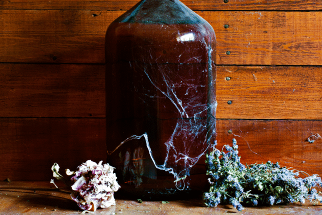 Auf dem Foto sieht man eine alte Flasche mit Kräuter-Tinktur. Daneben sieht man getrocknete Kräuter. | © SONNENTOR