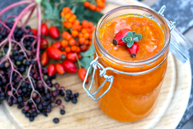 Auf dem Foto sieht man ein Glas mit orangenem Hagebuttenketchup.  | © SONNENTOR