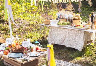 Auf dem Foto sieht man zwei Tische bei einem Kindergeburtstag. Darauf sind viele Speisen und Getränke zu sehen. | © SONNENTOR