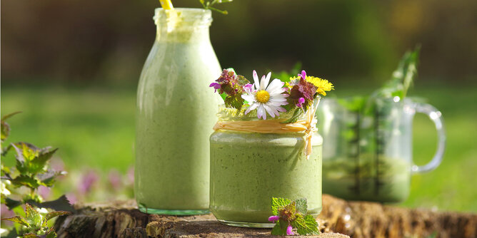 Auf dem Foto sieht man zwei Gefäße mit grünem Smoothie darin. Sie sind mit Blüten gestaltet. | © SONNENTOR